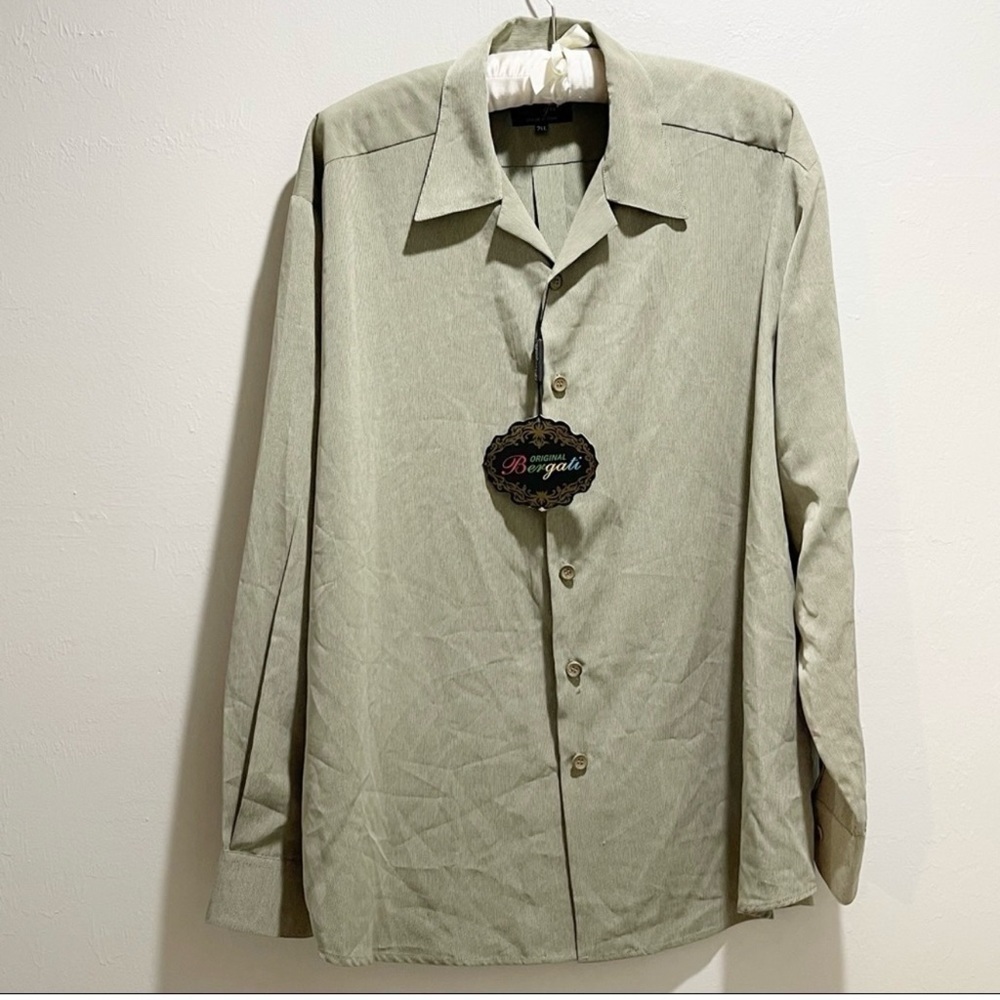 BERGATI Men’s Long Sleeve Green Micro Plaid Button Up Shirt Microfiber 2XL